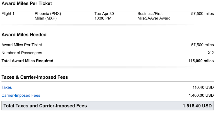 American Airlines award fare breakdown for travel on British Airways.